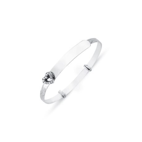 925 Sterling Silver CZ Set Heart Diamond Cut Id Expanding Baby / Childrens Bangle