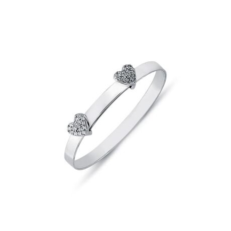 925 Sterling Silver CZ Set Twin Heart Expanding Baby / Childrens Bangle