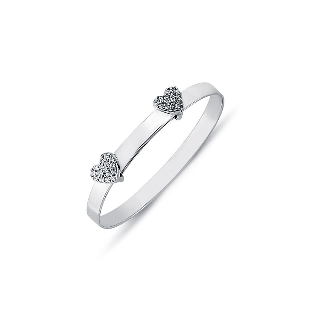 925 Sterling Silver CZ Set Twin Heart Expanding Baby / Childrens Bangle