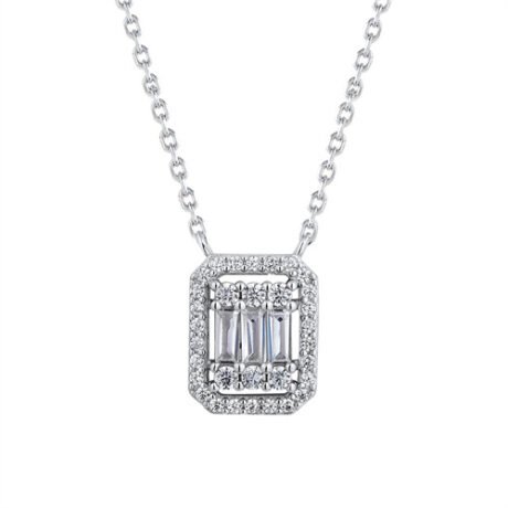 Sterling Silver Rhodium Plated CZ Emerald Shape Cluster Necklace