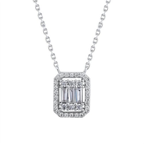 Sterling Silver Rhodium Plated CZ Emerald Shape Cluster Necklace