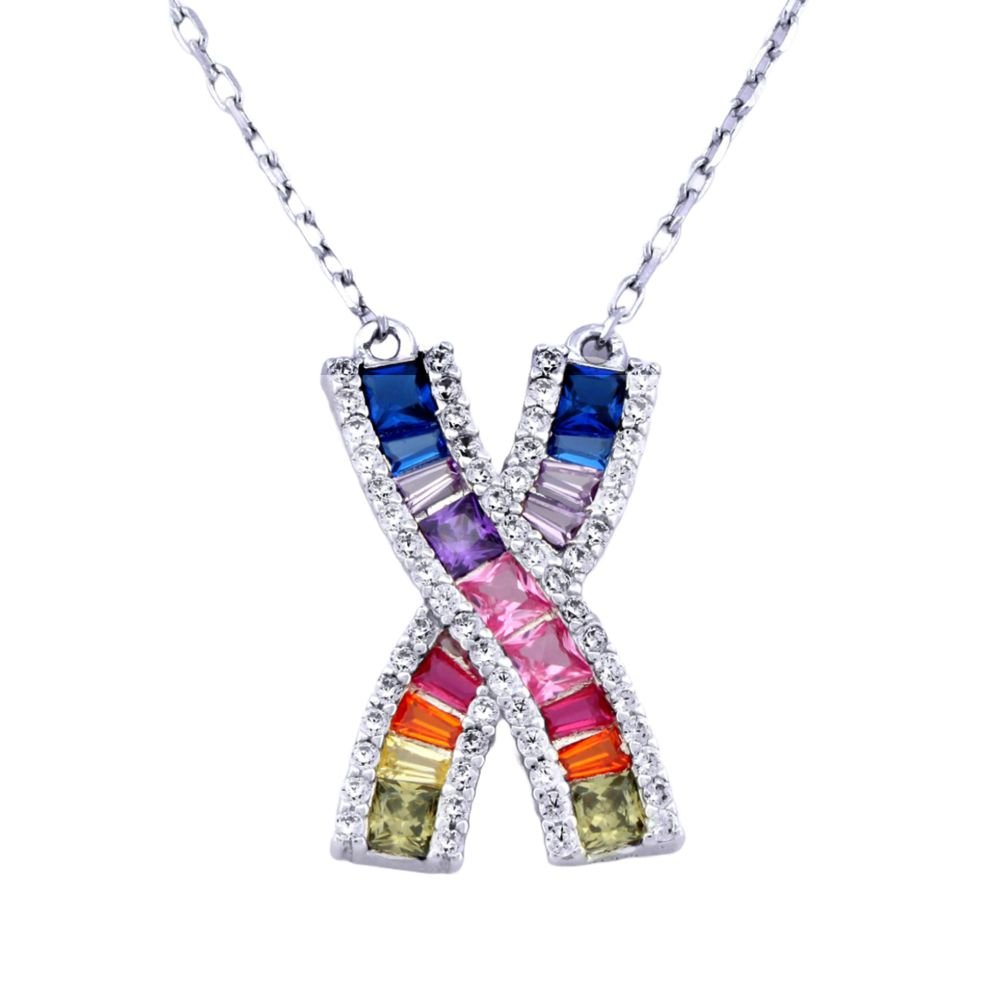 Sterling Silver Rhodium Plated Multi Col CZ Kisses Necklace