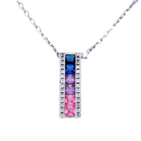 Sterling Silver Rhodium Plated Multi Col CZ Bar Necklace