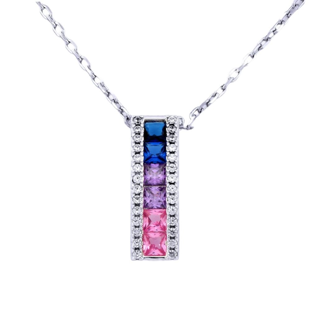 Sterling Silver Rhodium Plated Multi Col CZ Bar Necklace
