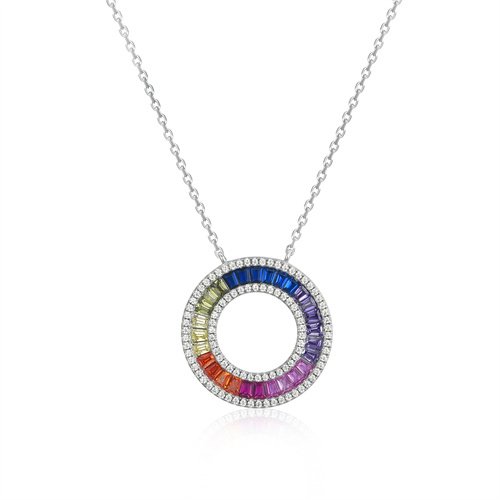 Sterling Silver Rhodium Plated Multi Col CZ Circle of Life Necklace