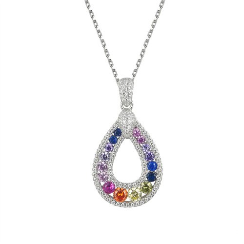 Sterling Silver Rhodium Plated Multi Col CZ Oval Necklace