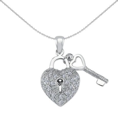 925 Silver CZ Heart and key Pendant