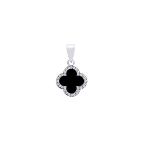 925 Silver Rhodium CZ Set Single Clover Pendant Black Onyx Colour