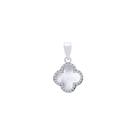 925 Silver Rhodium CZ Set Single Clover Pendant  MOP White Colour