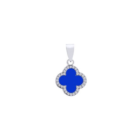 925 Silver Rhodium CZ Set Single Clover Pendant Blue Agate Colour