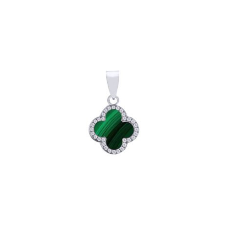 925 Silver Rhodium CZ Set Single Clover Pendant  Malachite Green Colour