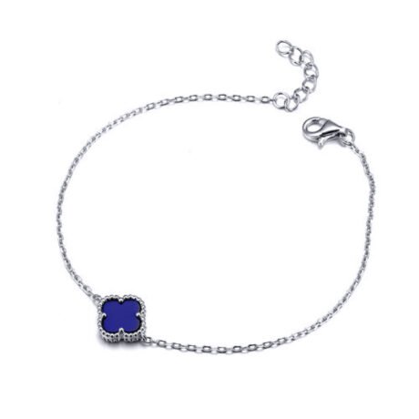 Sterling Silver Rhodium Plated Single Blue Agate Clover Bracelet