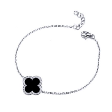 Sterling Silver CZ Single Clover Bracelet Black Onyx Colour