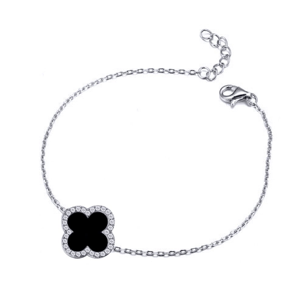 Sterling Silver CZ Single Clover Bracelet Black Onyx Colour