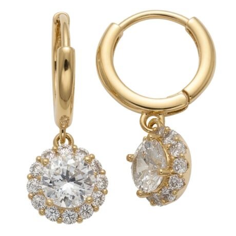 gold plated cubic zirconia oval drop hoop earrings