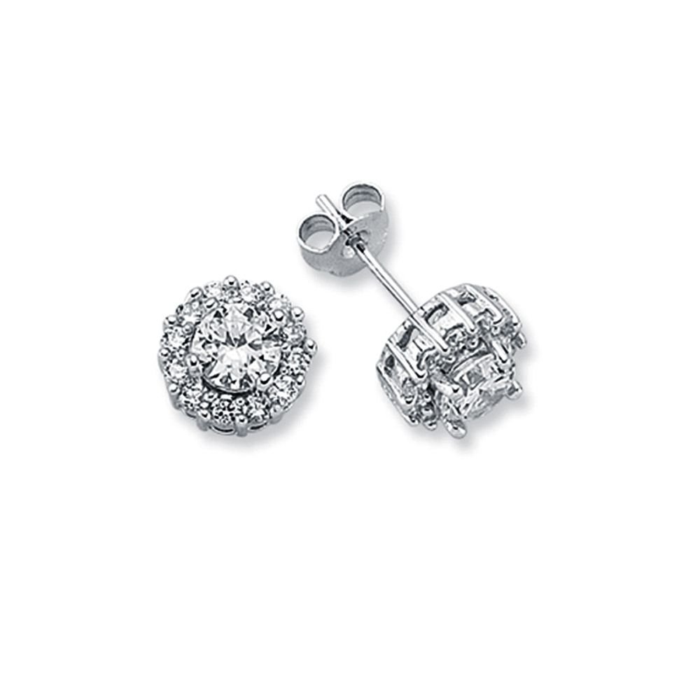 Sterling Silver CZ Round Cluster Stud Earrings – 9mm