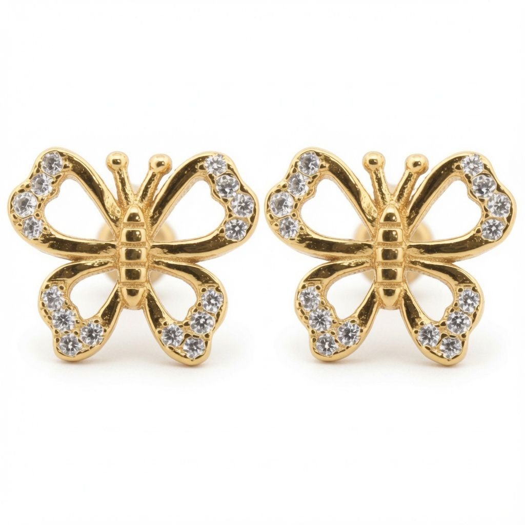 Sterling Silver Gold-Plated CZ Butterfly Stud Earrings