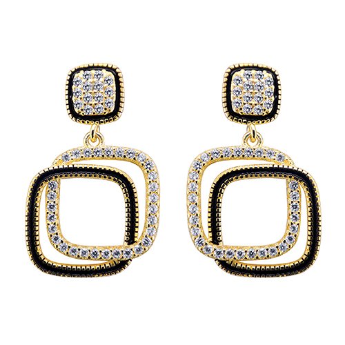 Sterling Silver Gold-Plated CZ Interlocking Squares Drop Earrings