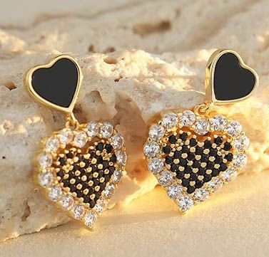 Sterling Silver Gold-Plated Black CZ Heart Drop Earrings - Image 2