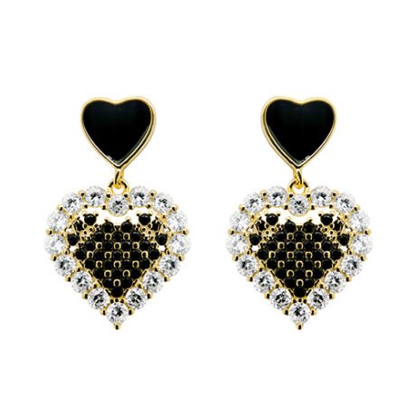Sterling Silver Gold-Plated Black CZ Heart Drop Earrings