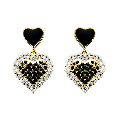 Sterling Silver Gold-Plated Black CZ Heart Drop Earrings