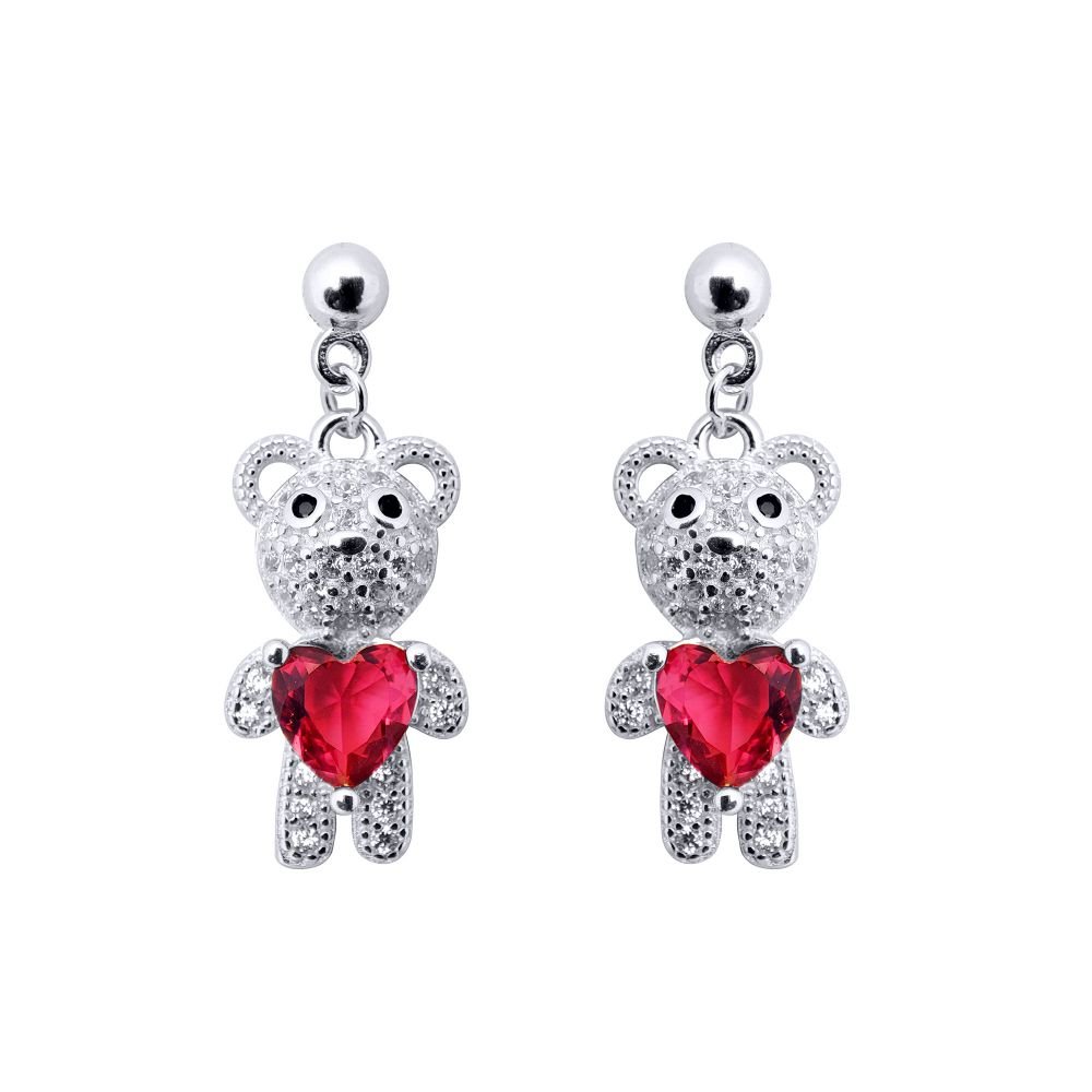 rhodium-plated sterling silver red heart cubic zirconia teddy bear earrings