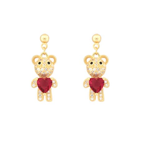 14ct gold-plated sterling silver red heart cubic zirconia teddy bear earrings