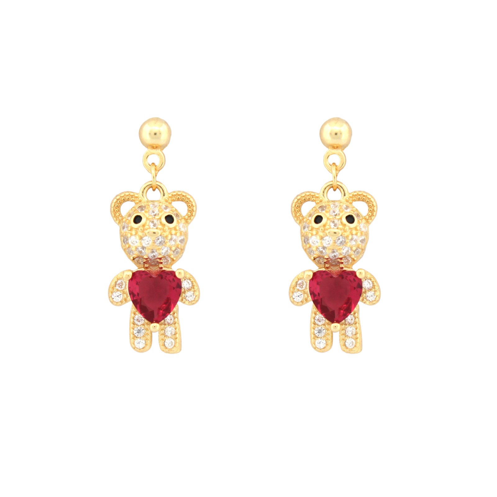 14ct gold-plated sterling silver red heart cubic zirconia teddy bear earrings