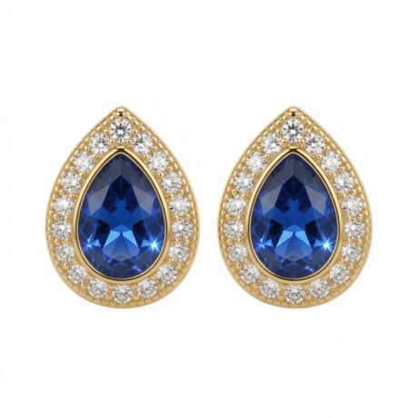 gold plated pear shape studs sapphire centre cubic zirconia