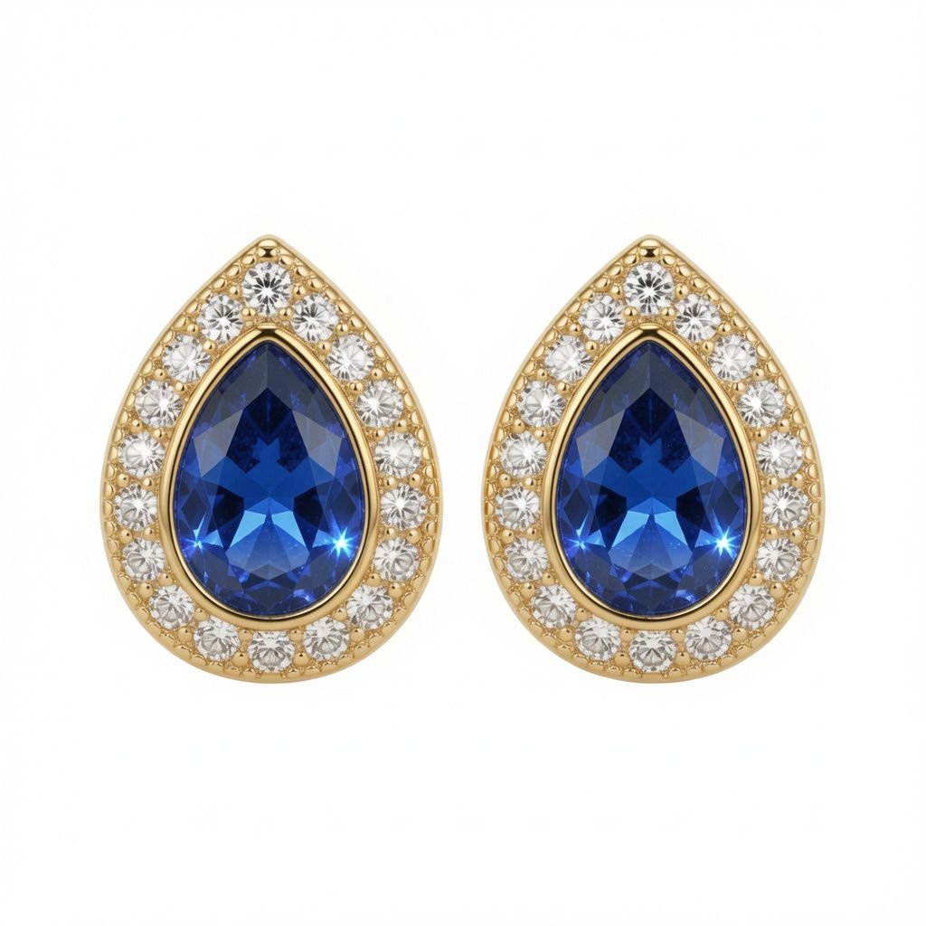 gold plated pear shape studs sapphire centre cubic zirconia