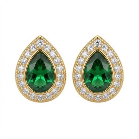gold plated pear shape studs emerald centre cubic zirconia