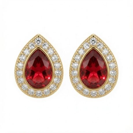 gold plated pear shape studs ruby centre cubic zirconia