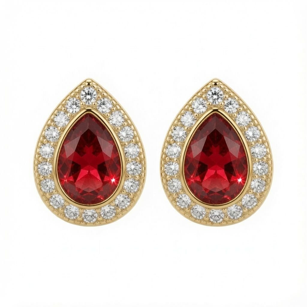 gold plated pear shape studs ruby centre cubic zirconia
