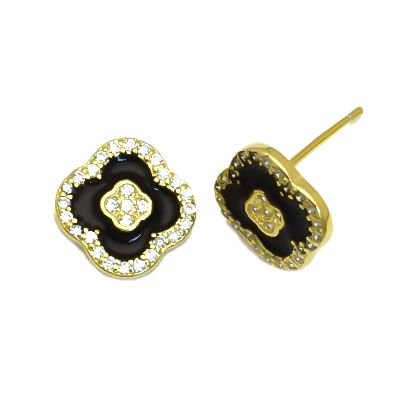 gold plated cubic zirconia black enamel flower stud earrings