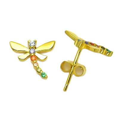 gold plated rainbow cubic zirconia dragonfly stud earrings