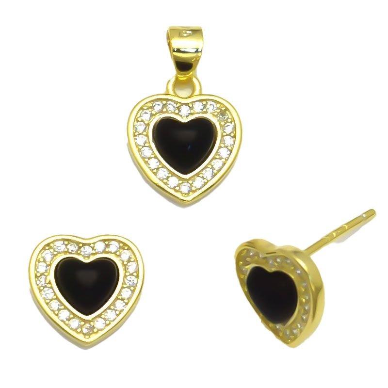 gold plated cubic zirconia black enamel heart stud earrings