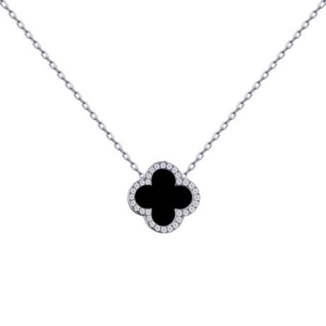 Sterling Silver CZ Single Clover Necklace Black Onyx Colour