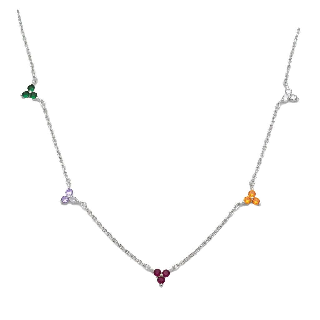 Sterling Silver Multi Color Clover Station Necklace
