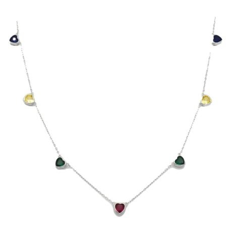 Sterling Silver Multi Color Heart Station Necklace
