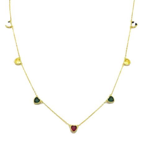 Sterling Silver 14ct Gold Plated Multi Color Heart Station Necklace