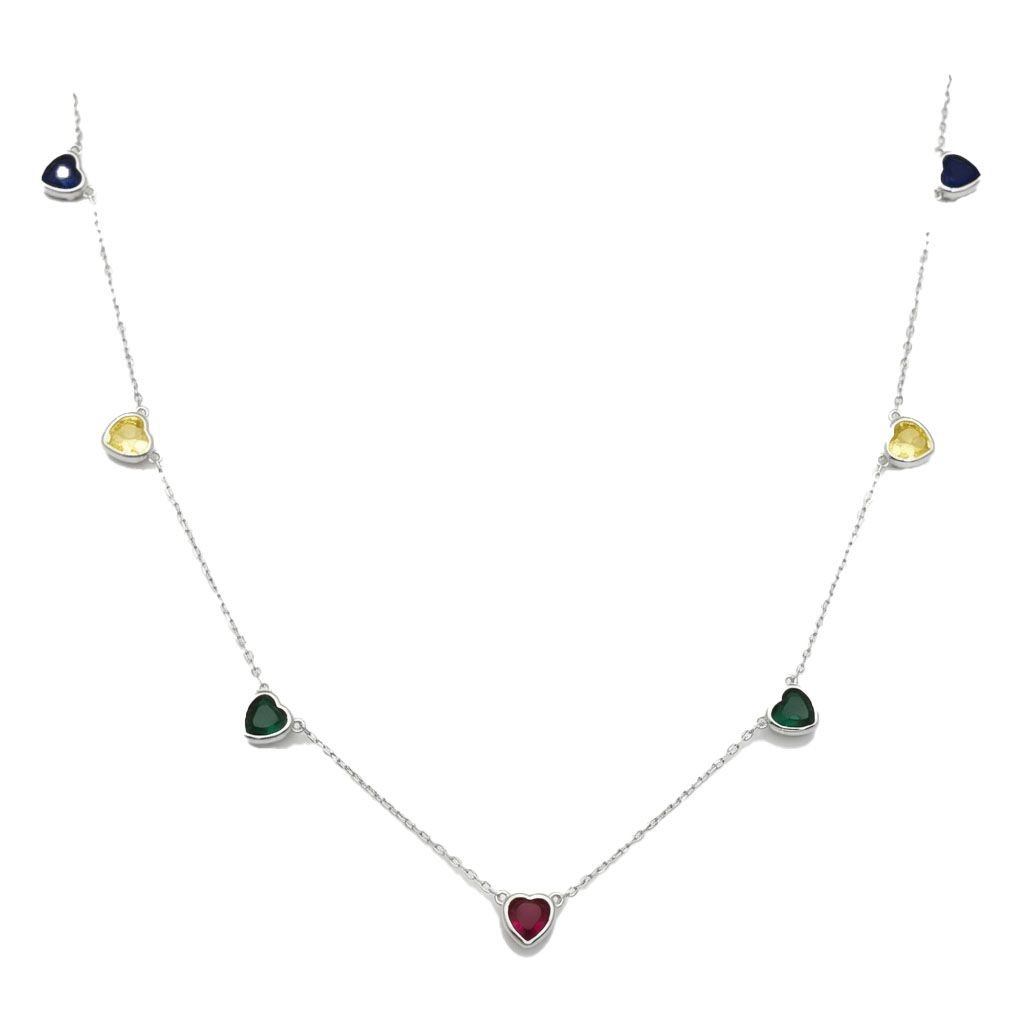 Sterling Silver Multi Color Heart Station Necklace