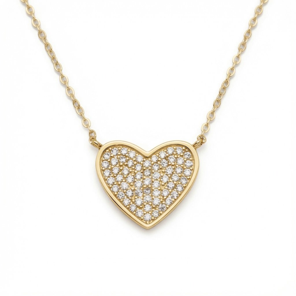 Sterling Silver 14ct Gold Plated CZ Pave Heart Necklace