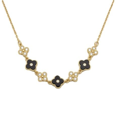 Sterling Silver 14ct Gold Plated CZ Black Enamel Flower Necklace