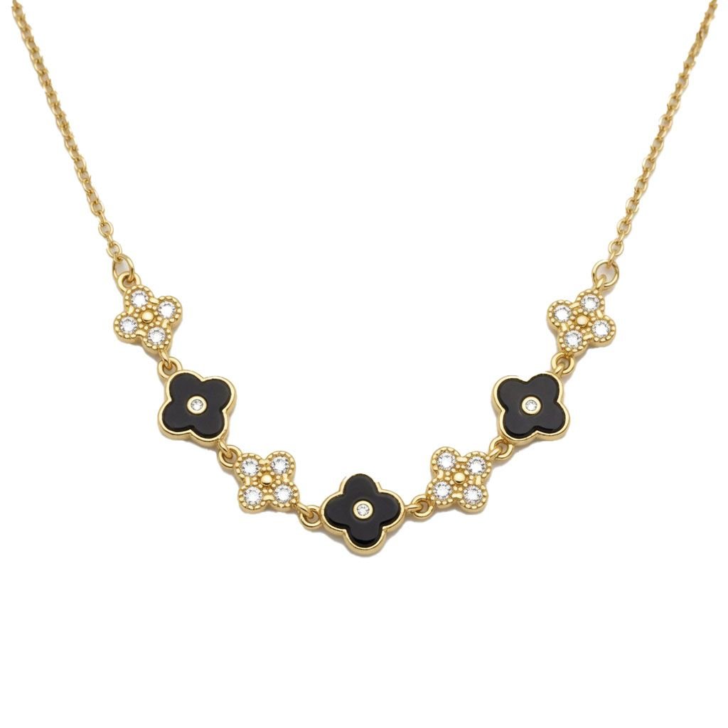 Sterling Silver 14ct Gold Plated CZ Black Enamel Flower Necklace
