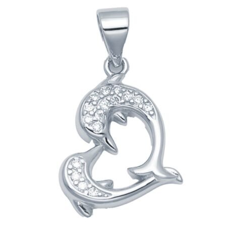 Sterling Silver CZ Dolphin Heart Pendant