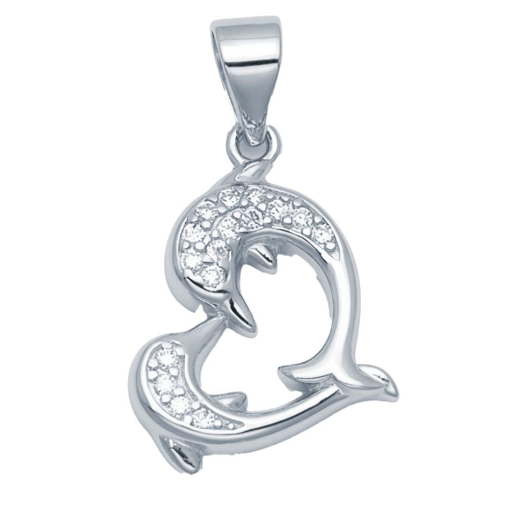 Sterling Silver CZ Dolphin Heart Pendant